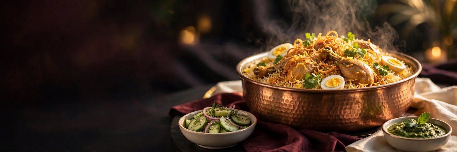 Steaming chicken briani in a copper pot