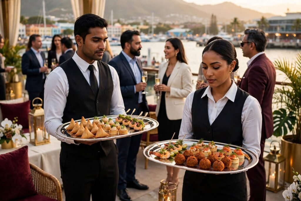Waiters serving Mauritian canapés at a corporate reception