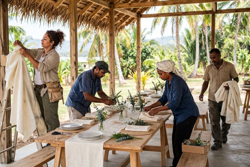 Team setting up tables and decoration for an outdoor event
