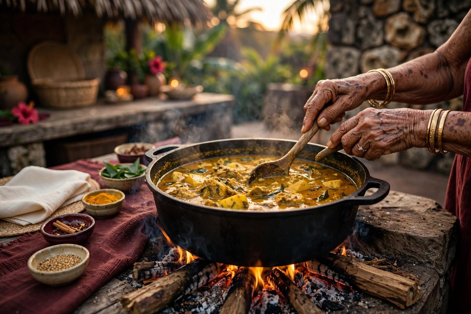 Grandmother stirring curry over a wood fire