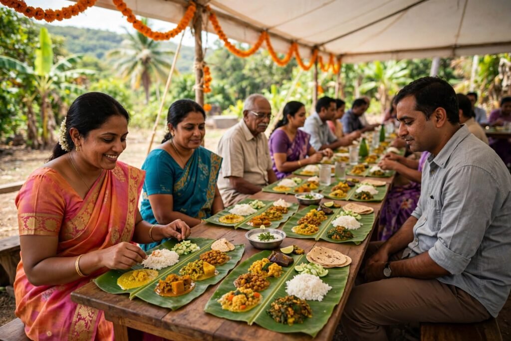 Family ceremony meal served on banana leaves under a marquee